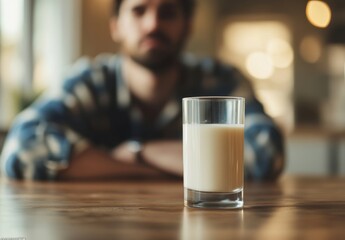 Close-Up of a Glass of Milk on a Wooden Table with a Blurred Man in the Background, Ideal for Food and Beverage Photography