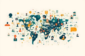 A visually appealing representation of a global business network, featuring interconnected people and icons representing digital connections around the globe,


