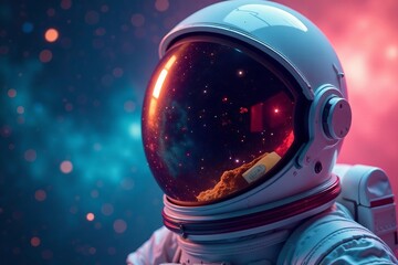 Close up of astronaut helmet reflecting cosmic vastness, visor, reflection, universe