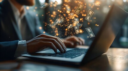 Online Earnings and Digital Finance Concept, A person typing on a laptop with dollar bills floating around, symbolizing online earnings or digital finance