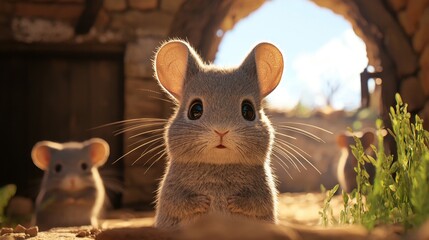 Cute and Curious Mouse Exploring a Scenic Outdoor Environment with Natural Light Streaming Through Archways in a Whimsical Setting