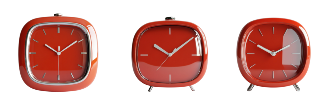 A Set of Dynamic Red Alarm Clock Renderings Showcasing Modern Timepiece Artistry, Isolated on transparent Background