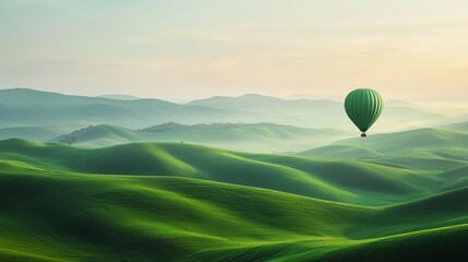 Fototapeta premium Serene Hot Air Balloon Over Lush Green Rolling Hills