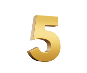 3D Golden number 5 Five with a shiny, metallic appearance and smooth surface, 3d illustration