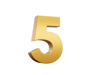 3D Golden number 5 Five with a shiny, metallic appearance and smooth surface, 3d illustration