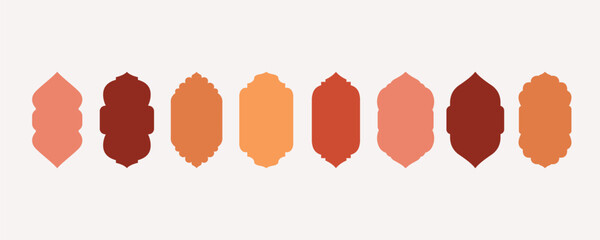 Flat vector collection of mosque gates, doors, lanterns, and windows in boho color. Oriental-style Islamic arches, labels, and frame templates. Inspired by simple Muslim frame shapes.