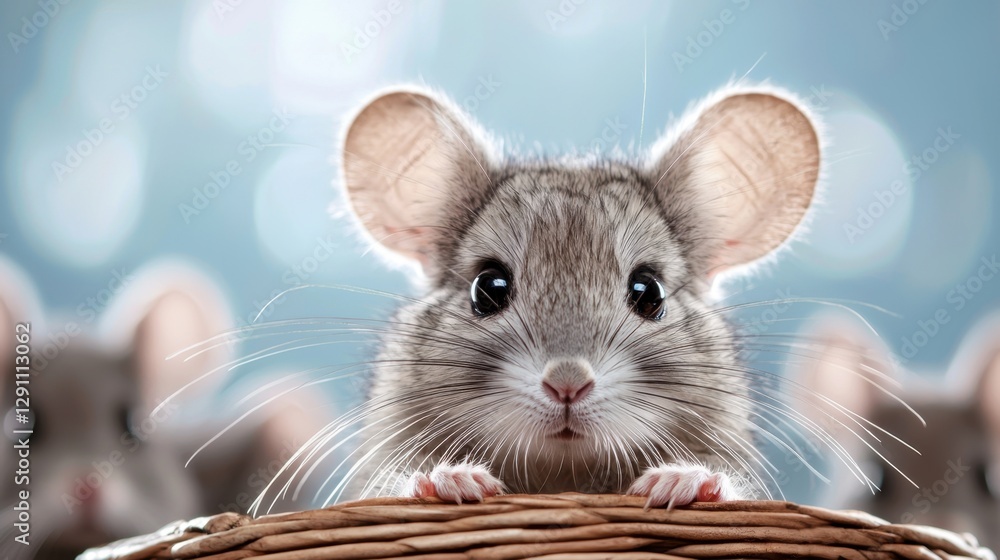 Poster adorable close-up of a curious mouse peeking over the edge of a woven basket against a soft blue bac