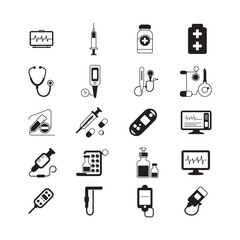 Obraz premium medical icons set vector elements design including stethoscope syringe medicine bottle hospital and pharmacy symbols