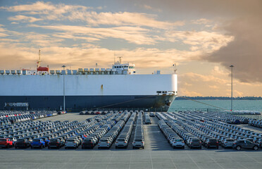 Vast car shipment at port with cloudy sky and calm waters