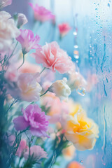 pastel flowers behind glass with spring vibes and water droplets