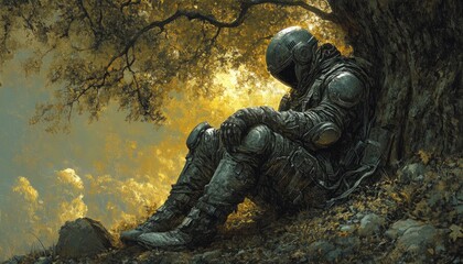 A weary soldier rests beneath the welcoming shade of a large tree