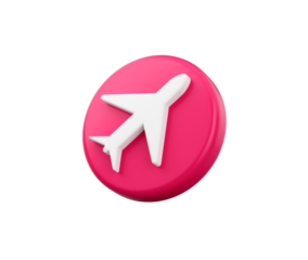 3D Pink coin with a white airplane on its surface, symbolizing travel or aviation. 3d illustration