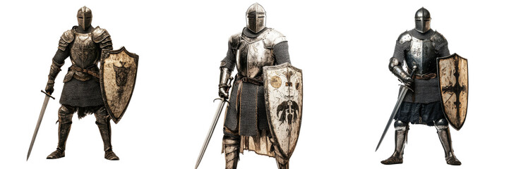 Fototapeta premium A Set of Majestic Medieval Knight Renderings in Shining Armor Reflecting Historic Valor and Artistic Detailing, Isolated on transparent Background