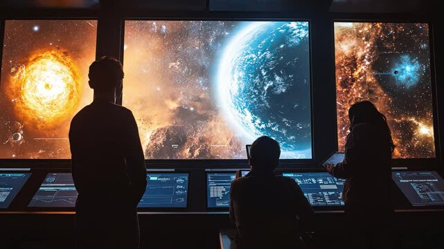 Scientists tracking space weather patterns on large digital displays in a futuristic observatory.