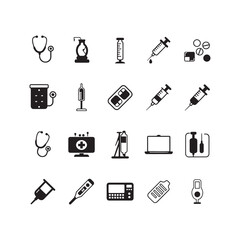 medical icons set vector elements design including stethoscope syringe medicine bottle hospital and pharmacy symbols