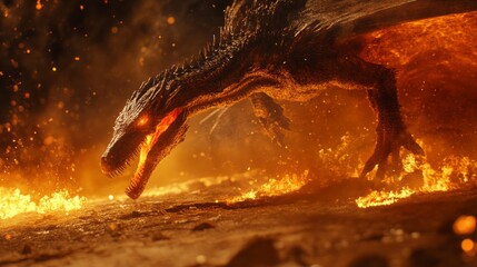 Fototapeta premium Fiery Dragon Emerging from Inferno Dark Fantasy Digital Art