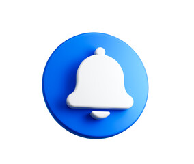 3D Blue and White bell button icon for notifications and updates. 3d illustration