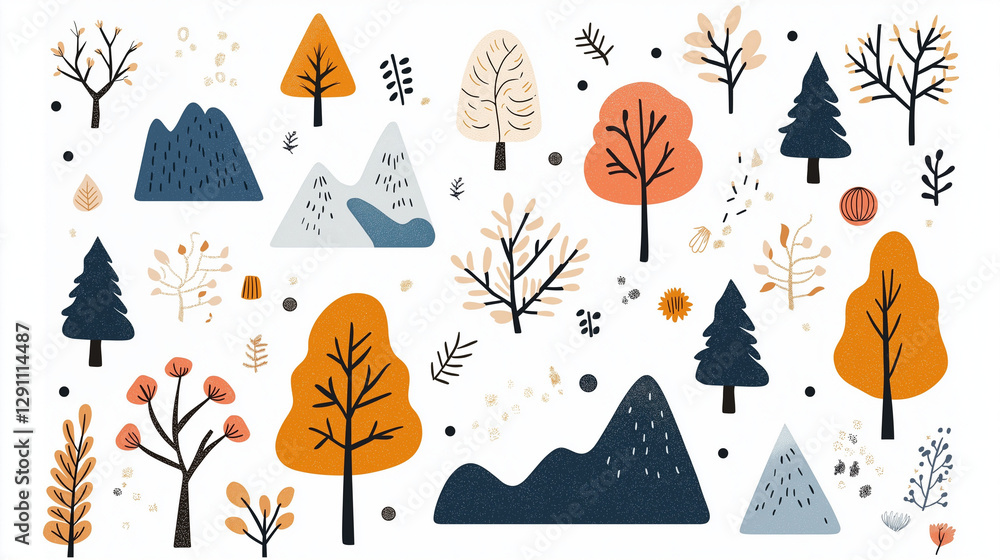 Poster whimsical forest pattern: a charming pattern featuring a diverse array of trees, mountains, and othe