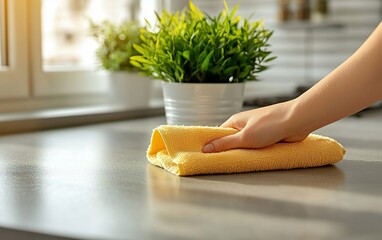 Woman's hand cleaning a kitchen counter with a yellow microfiber cloth.
