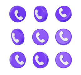 3D Set of Purple buttons with a white phone icon, symbolizing calls and customer service, 3d illustration