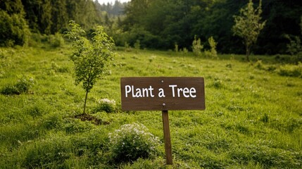 Lush green field with wooden sign encouraging tree planting, ser
