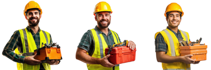 A Set of Cheerful Construction Worker Demonstrating Skilled Workmanship and Safety Spirit with Dynamic Onsite Vibes Isolated on transparent Background