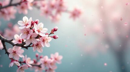 Delicate Pink Blossoms on a Branch, Gently Falling Petals in a Soft, Dreamy Atmosphere