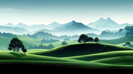 Fototapeta premium Serene Green Landscape with Rolling Hills and Majestic Mountains Under a Soft Sky
