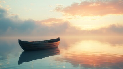 Naklejka premium Serene Sunrise Reflected in Calm Waters with Boat