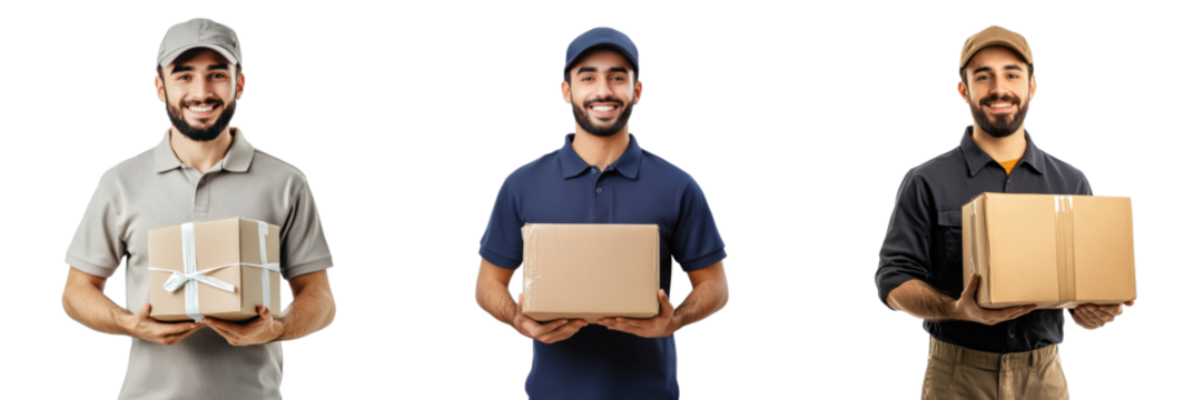 A Set of Cheerful Delivery Worker Showcasing Swift Package Handling and a Joyful Attitude for Timely Deliveries Isolated on transparent Background