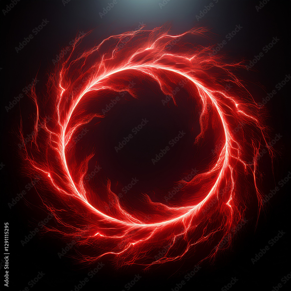 Poster abstract red lightning circle on dark backdrop. mysterious shape.