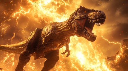 Fiery Tyrannosaurus Rex Roaring in a Dramatic Lightning Storm