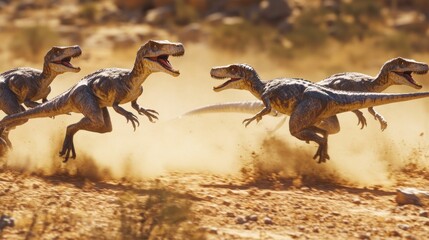 Fototapeta premium Four Raptors Running Across a Dusty Desert Landscape