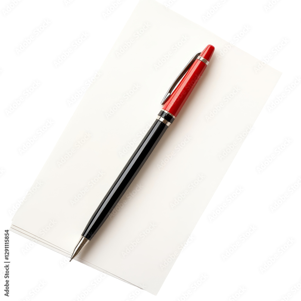 Poster stylish black and red pen resting on a stack of blank transparent notepad sheets, file of isolated o