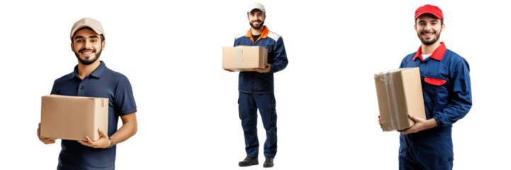A Set of Cheerful Delivery Worker Displaying Energetic Service and Swift Package Handling with a Warm Smile Isolated on transparent Background