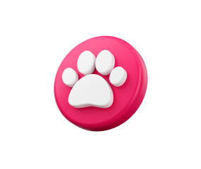 Pink circular button with a white paw print symbol, representing pets or animals. 3D Illustration