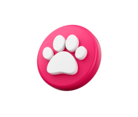Pink circular button with a white paw print symbol, representing pets or animals. 3D Illustration