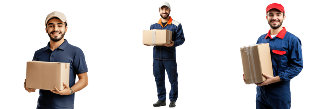 A Set of Cheerful Delivery Worker Displaying Energetic Service and Swift Package Handling with a Warm Smile Isolated on transparent Background