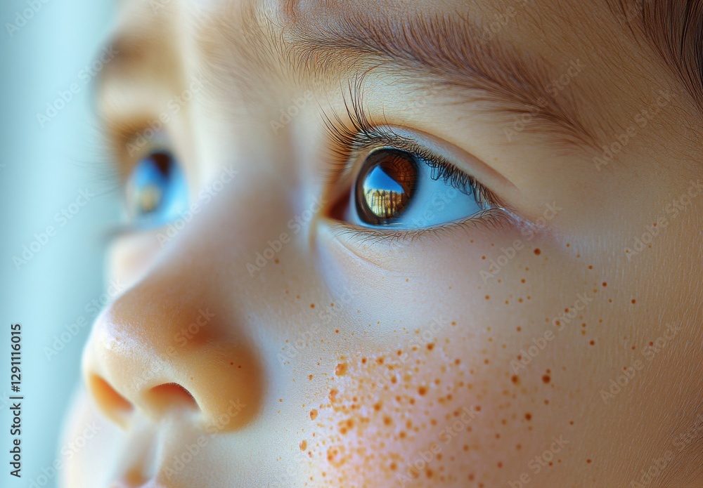 Poster close-up of child's face showcasing freckles and expressive eyes with reflection in the iris against