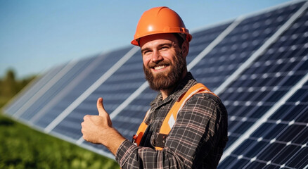 Electrician in hard hat and safety gear smiles and gives a thumbs up at a solar panel installation site during clear weather