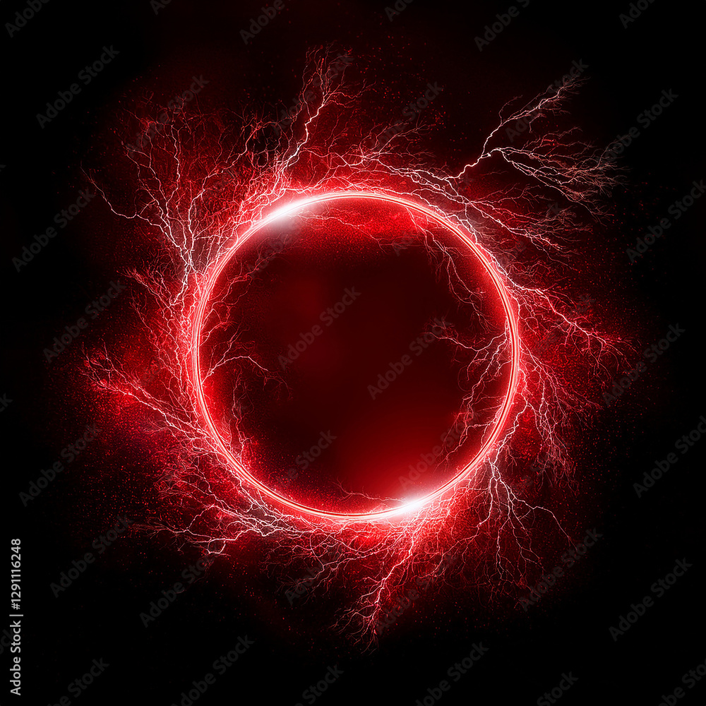 Poster abstract red lightning circle on dark backdrop. mysterious shape.
