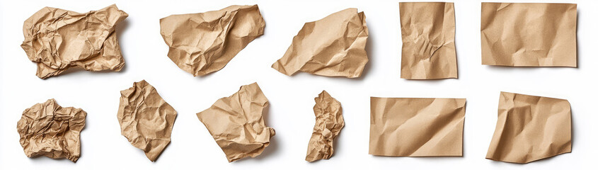 Obraz premium Set of pieces of crumpled blank brown craft paper, isolated on a white background