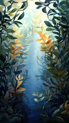 Serene Underwater Scene Vibrant Aquatic Plants and Deep Ocean Light Artistic Painting of Lush Underwater Flora