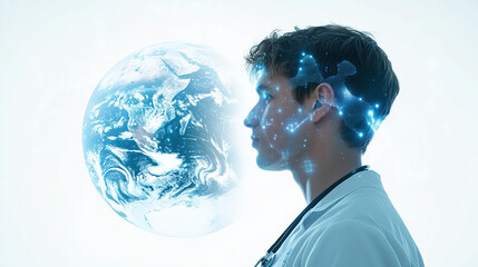 Medical professional contemplating global health issues with digital elements