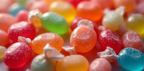 Close-up of colorful bubble gum pieces in packaging with shiny wrappers, sweet, different