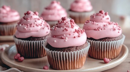 Delicious pink cupcakes with heart-shaped sprinkles celebrating valentine's day