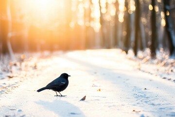 Fototapeta premium Blackbird on Snowy Path Winter Sunset Nature Scene Woodland Bird