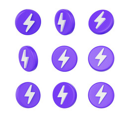 Purple icons with a white lightning bolt symbol, symbolizing energy, power and speed, 3d illustration
