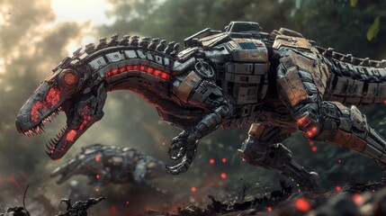 Glowing Red Robotic Dinosaur in Dark Jungle Setting