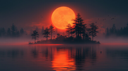 Majestic red moon reflected on tranquil lake at sunset with misty silhouette